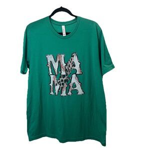 Bella Canvas MAMA Baseball Animal Print Graphic Tee Shirt Green Womens Size XL